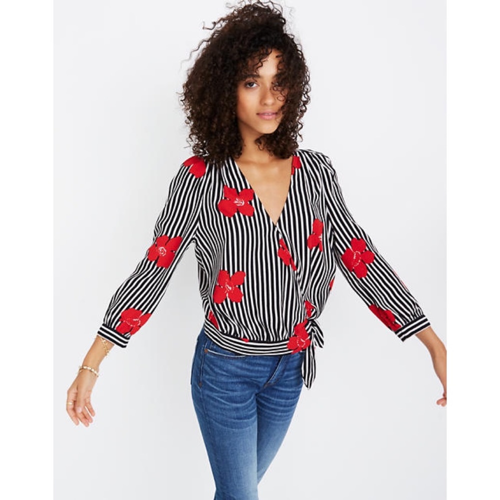 Black & White Striped Floral Wrap Top